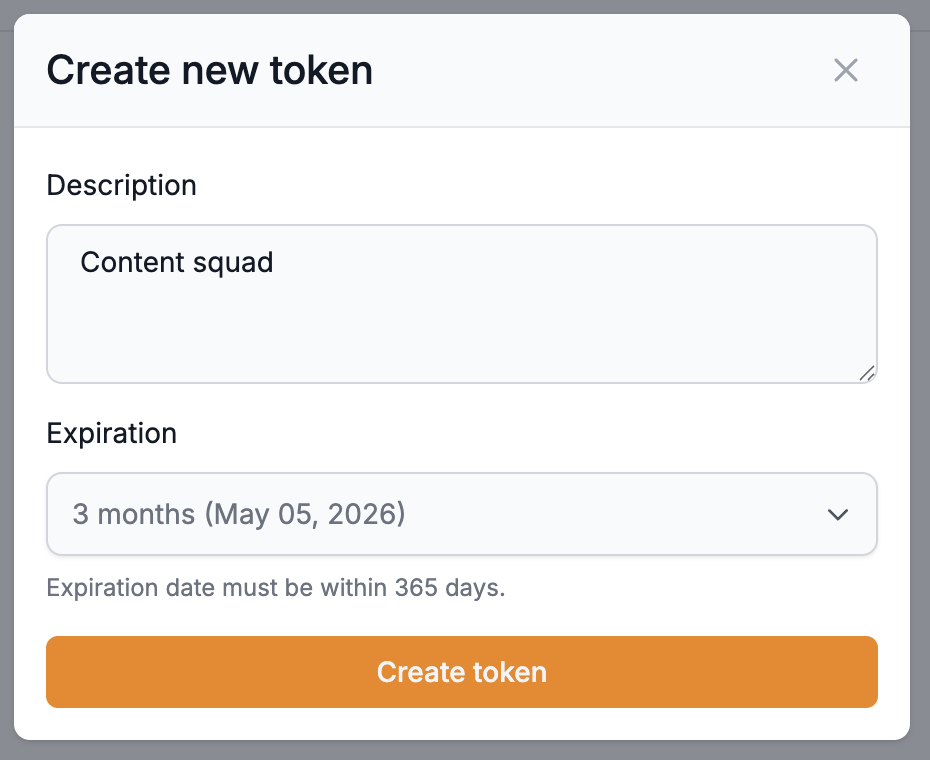 Token creation modal