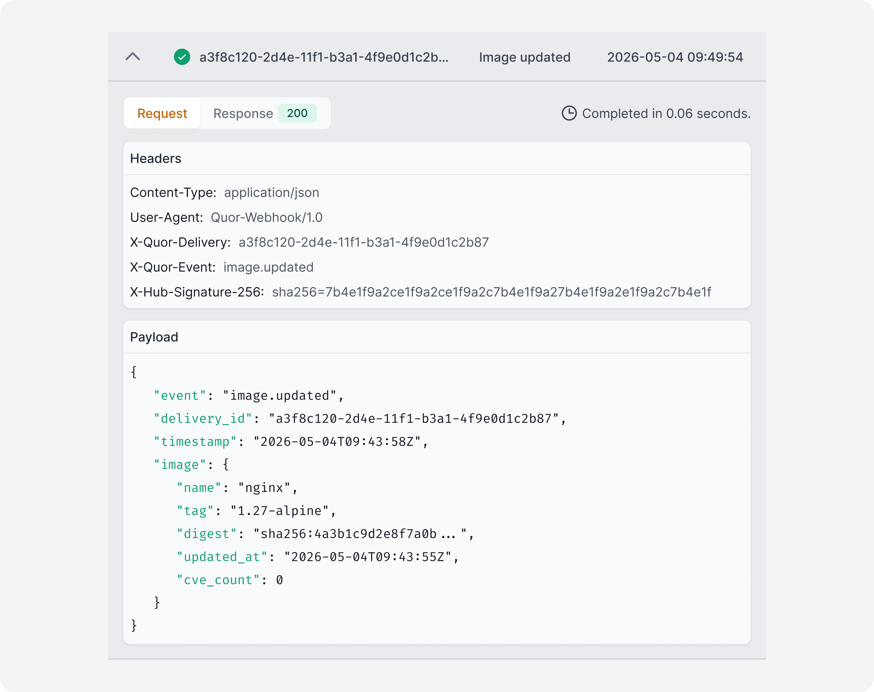 Details of a webhook delivery request in Quor